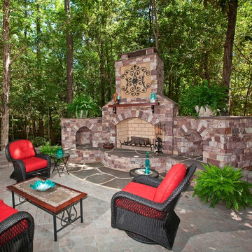 Outdoor Living Room with Stone Fireplace