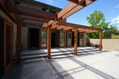 На фото: пергола во дворе частного дома среднего размера на заднем дворе в классическом стиле с растениями в контейнерах и покрытием из бетонных плит