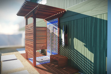 Diseño de patio de estilo americano pequeño en patio lateral con ducha exterior, adoquines de hormigón y pérgola