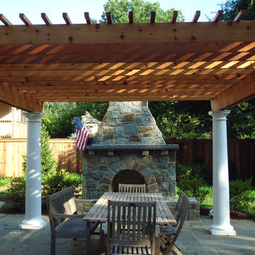 Outdoor Stone Fireplace and Cedar Pergola