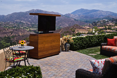 Cette image montre une terrasse arrière minimaliste de taille moyenne avec des pavés en brique et aucune couverture.