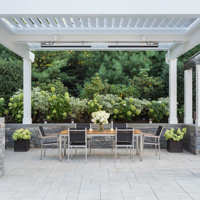 Transitional backyard concrete paver patio container garden photo in Boston with a pergola