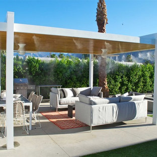 Immagine di un patio o portico minimal di medie dimensioni e nel cortile laterale con un focolare, lastre di cemento e un gazebo o capanno