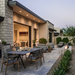 Ispirazione per un grande patio o portico design dietro casa con un focolare, pavimentazioni in pietra naturale e nessuna copertura