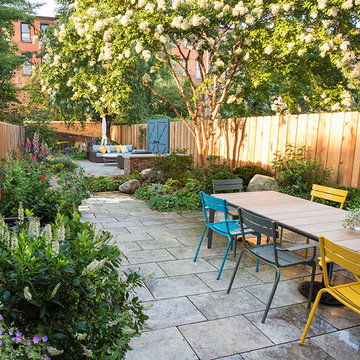 Park Slope, Brooklyn Garden Design, Water Fountain, Travertine Paver, Wood fence