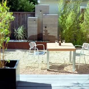 Foto di un patio o portico minimal di medie dimensioni e dietro casa con fontane, ghiaia e nessuna copertura