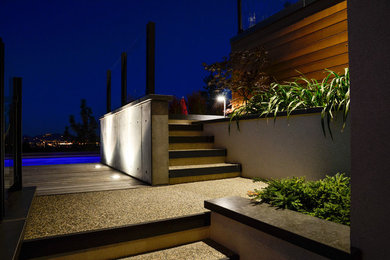Imagen de patio contemporáneo de tamaño medio sin cubierta en patio trasero con jardín de macetas y losas de hormigón