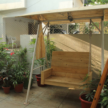 Patio created by packing pine wood