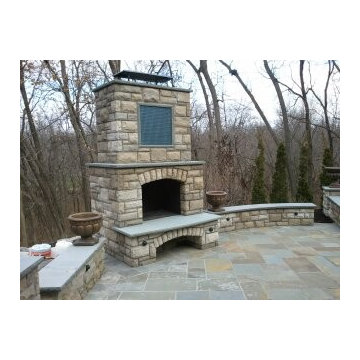 Patio, outdoor grill & fireplace, stairs, fountain