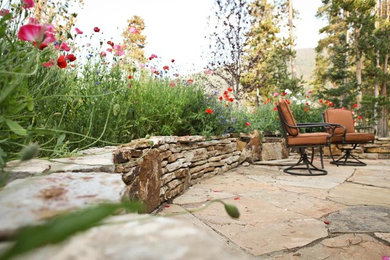 Ejemplo de patio grande sin cubierta en patio trasero con jardín de macetas y adoquines de piedra natural