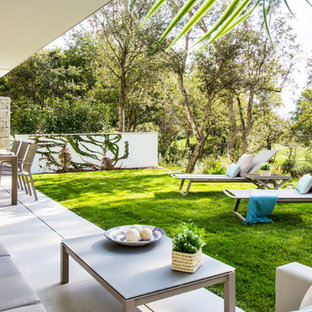 Modelo de patio contemporáneo, de tamaño medio, en patio trasero y anexo de casas