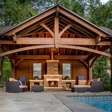 Poolside Timber Frame Pavilion w/Fireplace & Chandelier