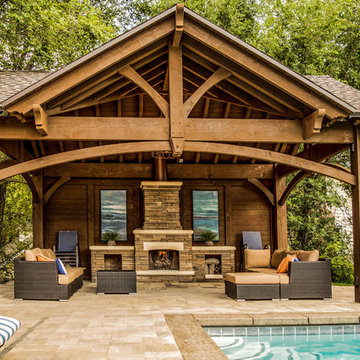 Poolside Timber Frame Pavilion w/Fireplace & Chandelier