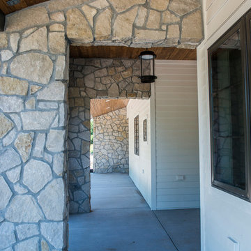 Porch Detail with limestone and stained wood