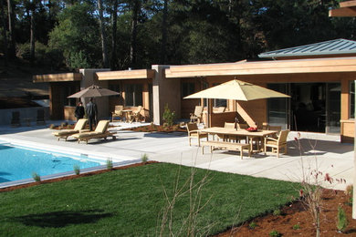 Diseño de patio de estilo americano grande sin cubierta en patio trasero con adoquines de hormigón