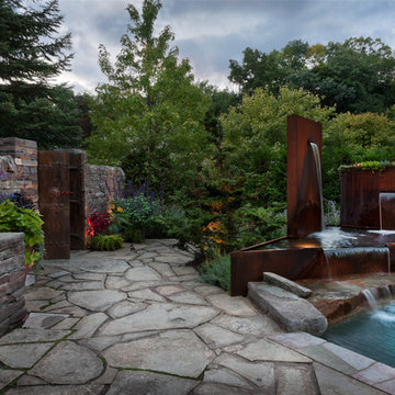 Hand Stacked Stone Wall and Corten Pool Fountain