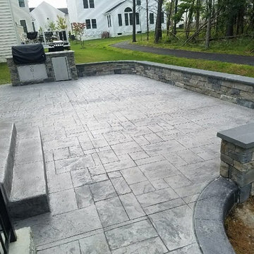 R- Stamped Concrete Patio, Seating wall with flagstone caps and dropped in grill