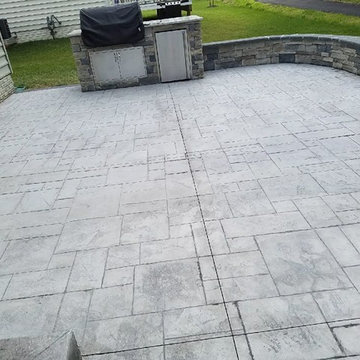 R- Stamped Concrete Patio, Seating wall with flagstone caps and dropped in grill