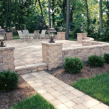 Raised Patio with Walkway, Sitting Walls and Pillars with Lights