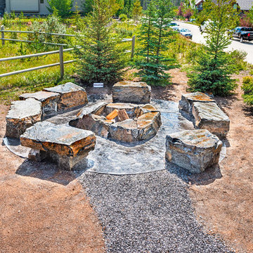 Rock Pathway to Flagstone Patio with Stone Seating