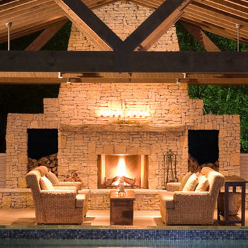Rustic Carolina Outdoor Fireplace and Living Area
