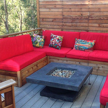 Rustic Wood - Outdoor Firepit Seating with Red Cushions