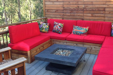 Mid-sized trendy backyard patio photo in San Francisco with a fire pit, decking and no cover