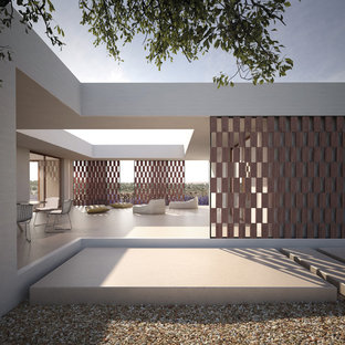 Idee per un patio o portico minimal nel cortile laterale con un giardino in vaso, ghiaia e nessuna copertura