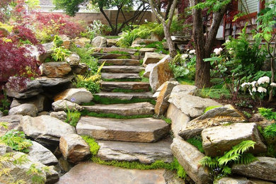 Cette image montre un petit jardin arrière asiatique avec un point d'eau et des pavés en pierre naturelle.