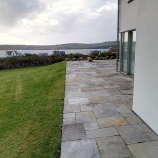 Immagine di un grande patio o portico scandinavo nel cortile laterale con pavimentazioni in pietra naturale