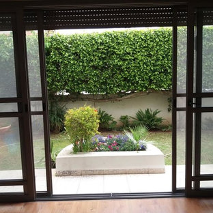 Ispirazione per un patio o portico classico di medie dimensioni e dietro casa con un giardino in vaso, graniglia di granito e nessuna copertura