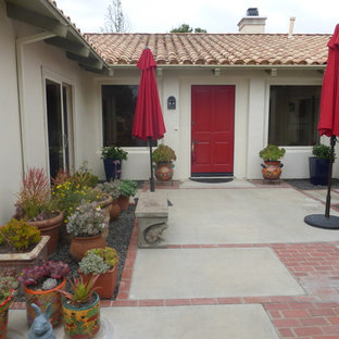 Immagine di un piccolo patio o portico american style in cortile con un giardino in vaso, ghiaia e nessuna copertura