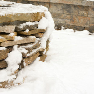 Immagine di un patio o portico rustico di medie dimensioni e dietro casa con un focolare e pavimentazioni in cemento