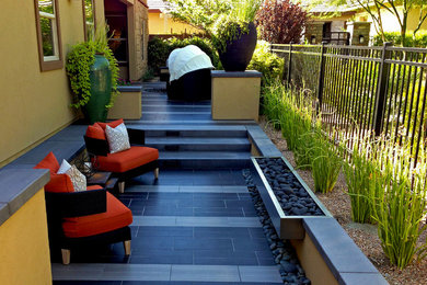 Aménagement d'une terrasse arrière contemporaine de taille moyenne avec des pavés en béton et aucune couverture.