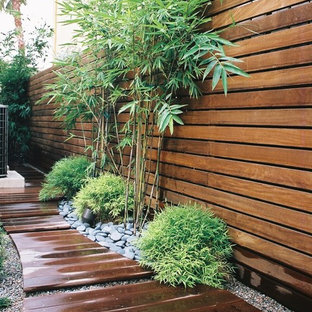 Ispirazione per un patio o portico etnico di medie dimensioni e dietro casa con pedane e nessuna copertura