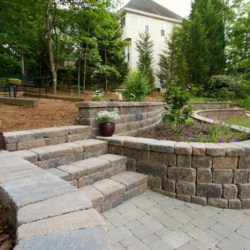 Stairs and curved retaining wall.