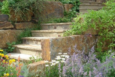 Ejemplo de jardín de secano clásico de tamaño medio en patio lateral con adoquines de piedra natural