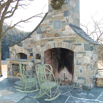 Stone patio and fireplace