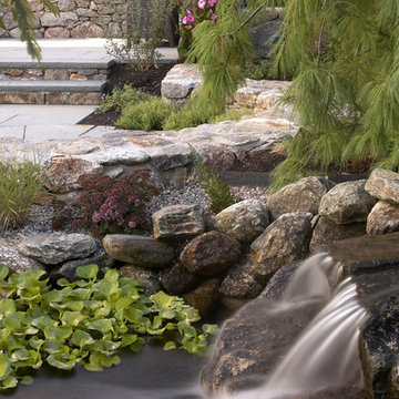Stone patio and waterfall