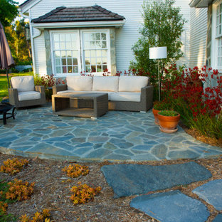 Immagine di un ampio patio o portico dietro casa con un focolare, pavimentazioni in pietra naturale e nessuna copertura