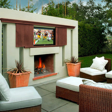 Sun Proof TV with Custom Closing Shades and Fireplace