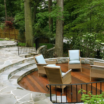 Sunken Wood Patio and Flagstone Patio on Wooded Slope