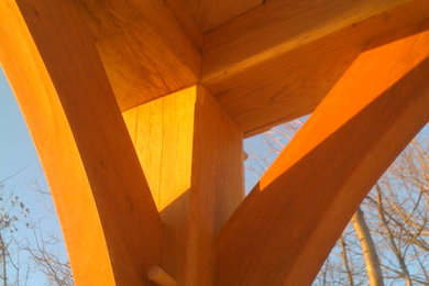 Exemple d'une terrasse en bois arrière craftsman de taille moyenne avec une extension de toiture.