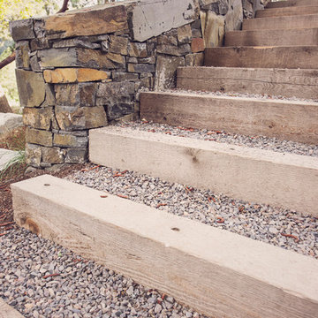 Timber + Gravel Stairway with Stacked Basalt Wall