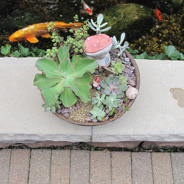 Top view succulent container garden with Gnome in antique replica bowl