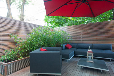 Inspiration for a large modern side patio in Toronto with concrete paving and a roof extension.