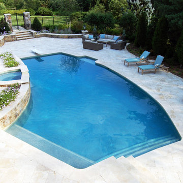 Tumbled Travertine Pool Deck and Bullnosed Pool Coping
