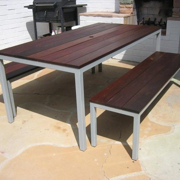 Venice Beach Outdoor Table with powder coated gray and ipe top. Two benches. Tab