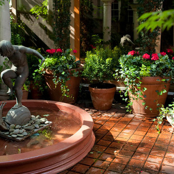 Village Courtyard Garden Design: Mediterranean Patio, Bistro Tables, Fountain, S