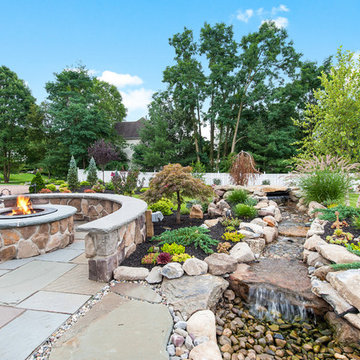 Warren, NJ - Bluestone patio & walkway with fire pit and water feature